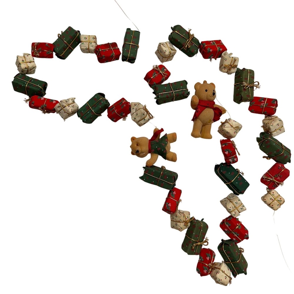 VTG Christmas Garland Presents Teddy Bears Red Green Gold Flocked Holiday Decor